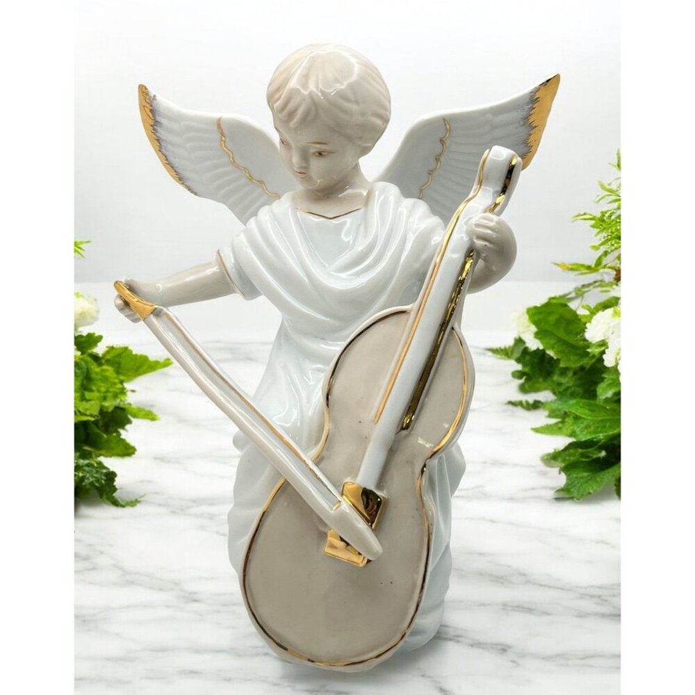 Vintage Porcelain Angel Figurine Playing Cello with Gold Trim Music Musician
